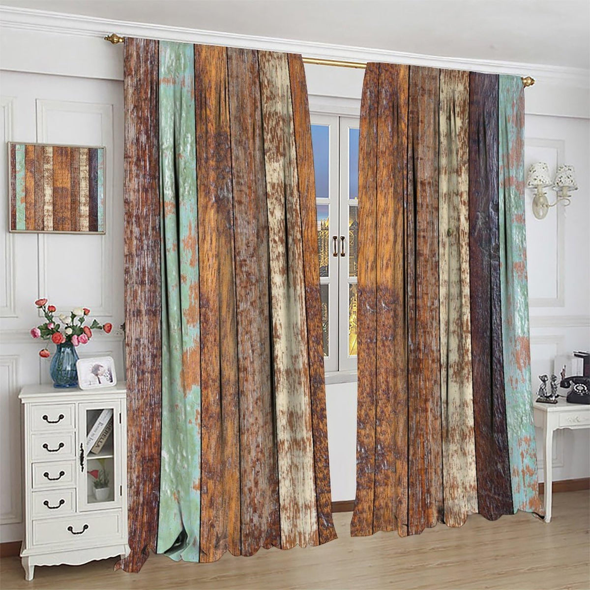 DKMQQUL Rustic Wooden Board Curtains, Color Weathered Wood Plank Farmhouse Barn Door Rod Pocket Thermal Drapes for Kitchen Living Room Bedroom Window Treatment, 42x45 Inch