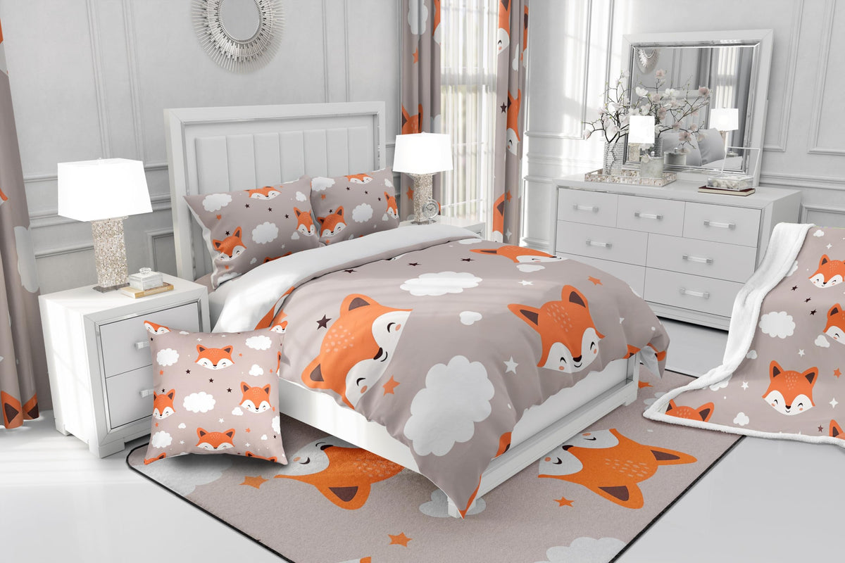 Feelyou Cute Fox Comforter Set Twin Size Kids Cartoon Fox Bedding Set for Boys Girls Teens Animal Star Cloud Comforter Breathable Woodland Fox Duvet Set Nature Wildlife Quilt Set