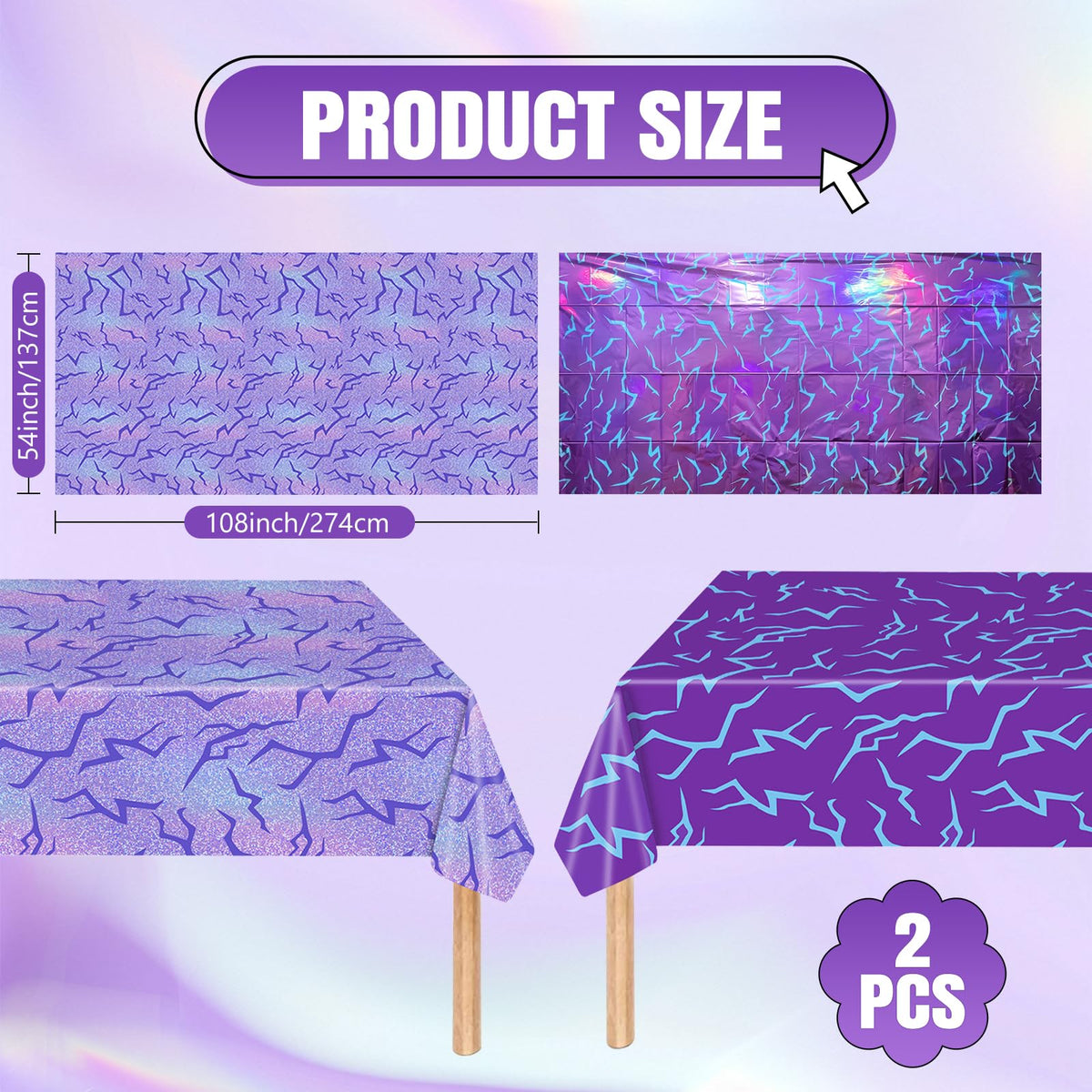 2 Pack K-Style Purple Birthday Decorations, 54x108 Inch Iridescent Holographic Laser Tablecloth Purple Lightning Pattern Disposable Waterproof Plastic Table Covers for Kids Girl Disco Halloween Party