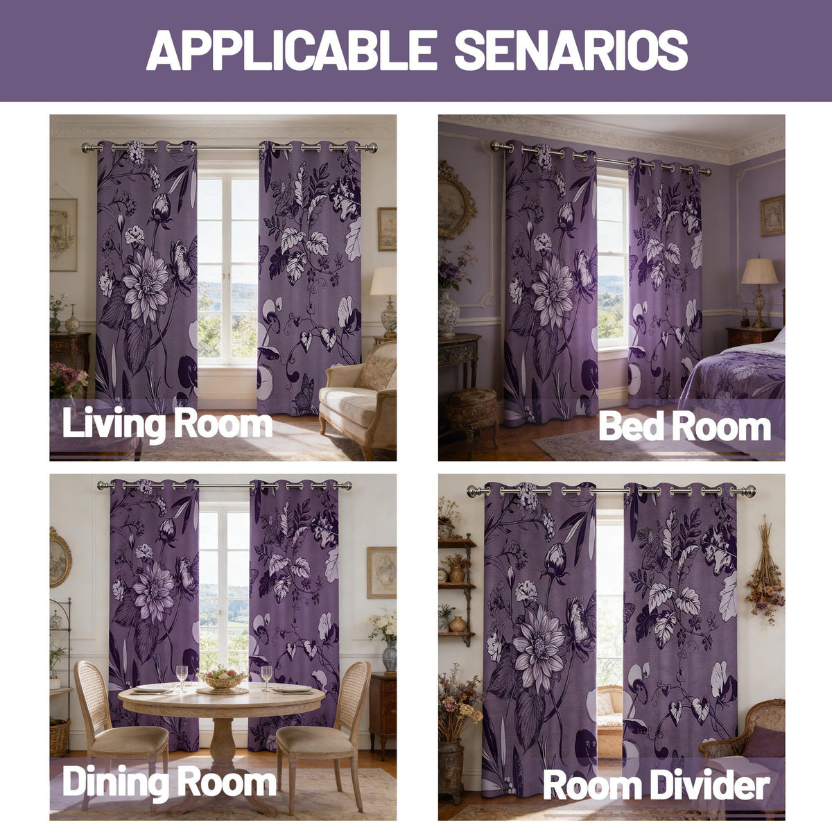 soeeao Dark Purple Vintage Botanical Blackout Curtains Patterned Purple Floral Window Drapes for Plum Bedroom Living Room, 84 inch Length 2 Panels Set, 52x84 inch