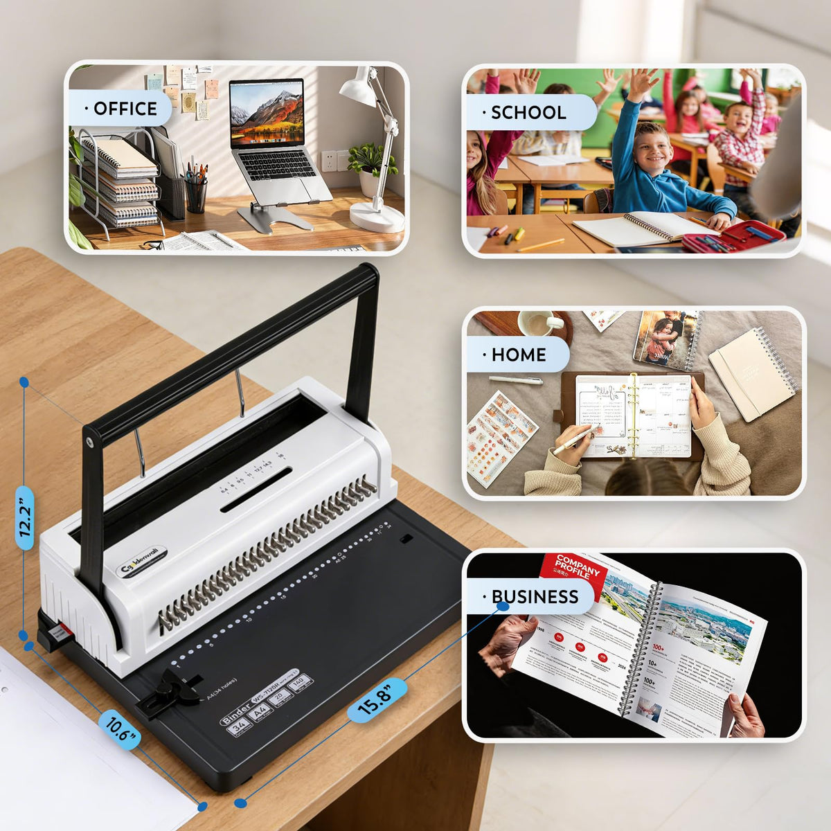 CGOLDENWALL Wire Binding Machine, Wire-O Binder, 3:1 Pitch 34 Holes, with 11 Coils Included, Punch 20 Sheets Bind 140 Sheets, Adjustable Pins Margins (Round Holes)