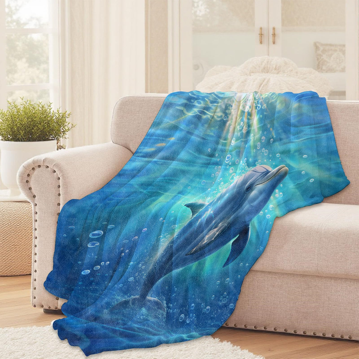 Dolphin Ocean Throw Blanket for Girls Boys Kids Adults, 50x60 in, Cozy Flannel Blanket for Bedroom, Camping, Couch, Room Decor, Fuzzy Warm Soft Gifts