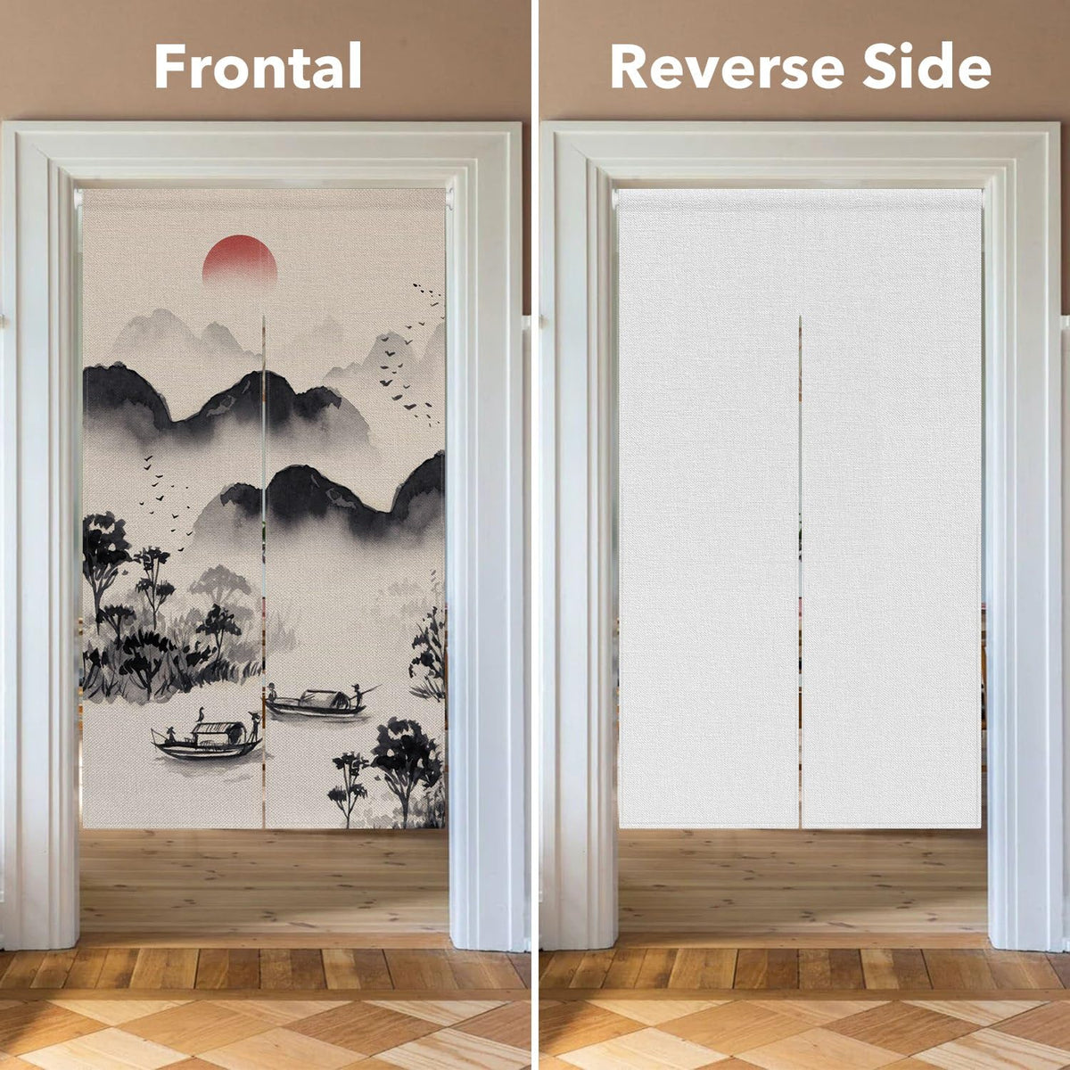 Leowefowa Chinese Ink Painting Doorway Curtain Mountain Boat Door Trapestry Feng Shui Window Treatment Hanging Japanese Noren Bedroom Divider Kitchen Door Asian Home Decor, 33.5"x 70.9"