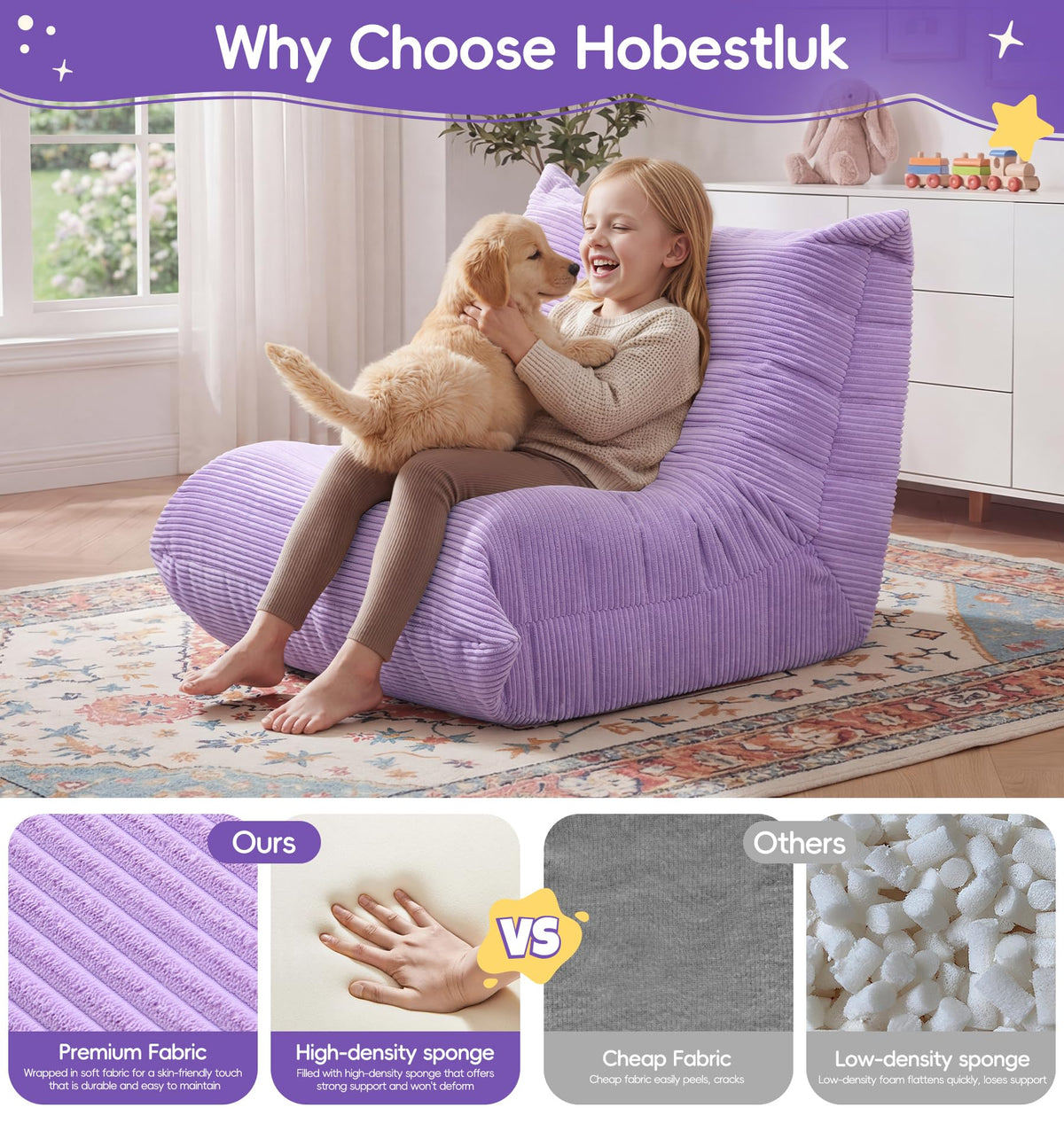 Hobestluk Bean Bag Chair for Kids Toddler Bean Bag Chair with Memory Foam Filler Beanbag with Spacious Design Bean Bag Couch for Reading Gaming Relaxing (Purple, Small)