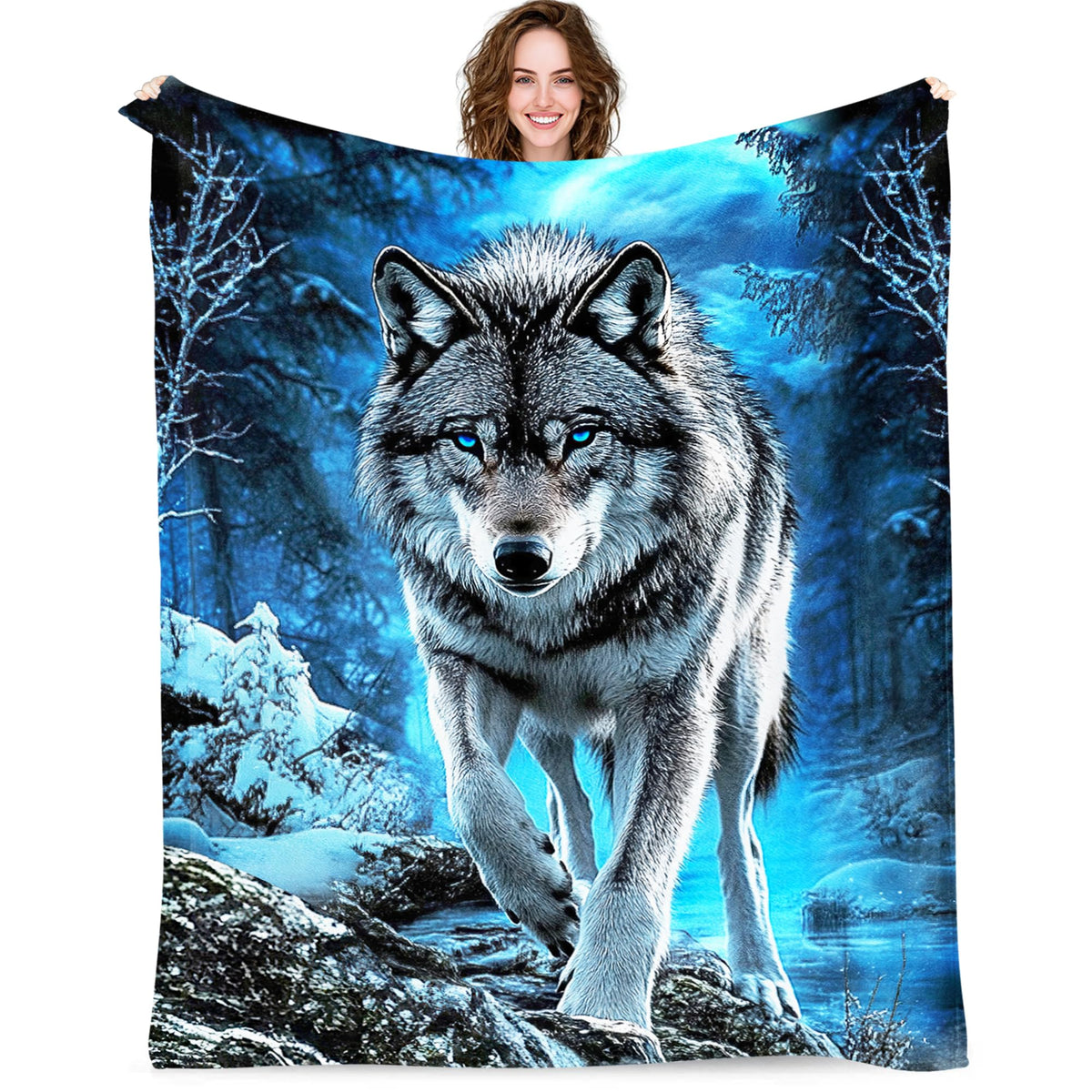 Wolf Blanket for Men Women, Super Soft Cool Blue Forest Animal Majestic Wolf Stuff Blanket Gifts for Wildlife Lovers Adults Kids Girls Boys, Warm Cozy Fuzzy Plush Fleece Flannel Throw Blankets 50"x40"