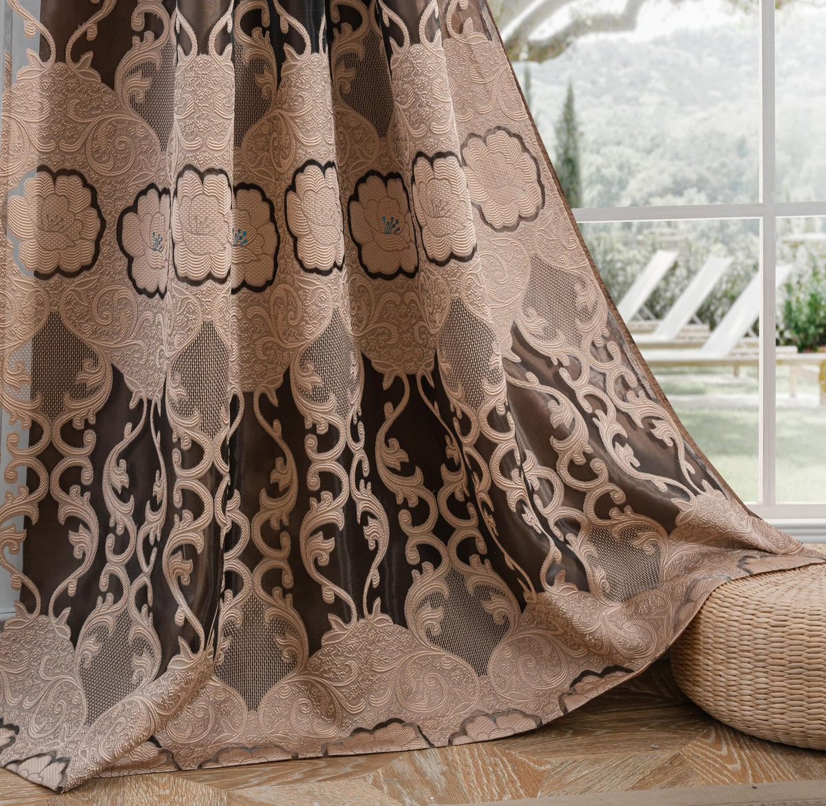 Petrichor Taupe Sheer Jacquard Voile Curtains （54" W x 63" L）, 2 Panels with Attached Valance, Double Layer Floral Cutwork Design with Luxurious Texture, Rod Pocket, for Bedroom & Living Room