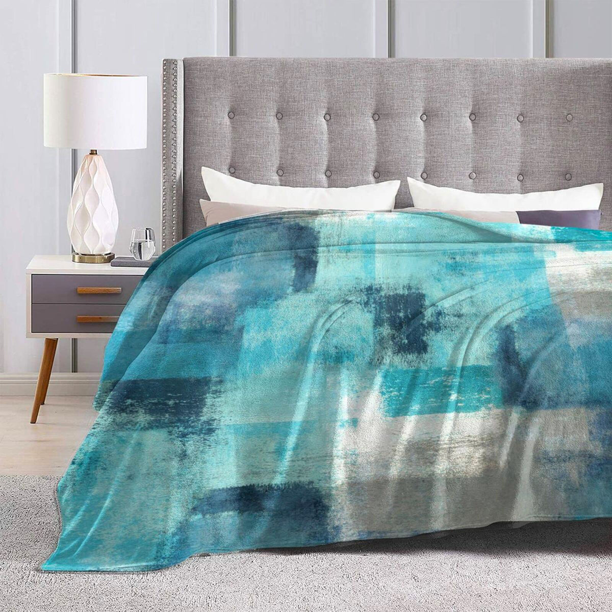 Teal Grey Throw Blanket Turquoise Abstract Art Ultra-Soft Cozy Fleece Blankets Lightweight Modern Flannel Blanket for Couch Sofa Bedding Home Decor (Turquoise Gray, 80" L x 60" W)