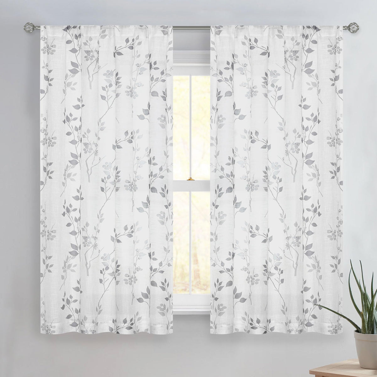 Beauoop Floral Linen Semi Sheer Curtains 54 Inches Long 2 Panels for Living Room Bedroom Grey Farmhouse Flower Patterned Light Filtering Textured Rod Pocket Window Treatments Drapes, 50x54 2 Set