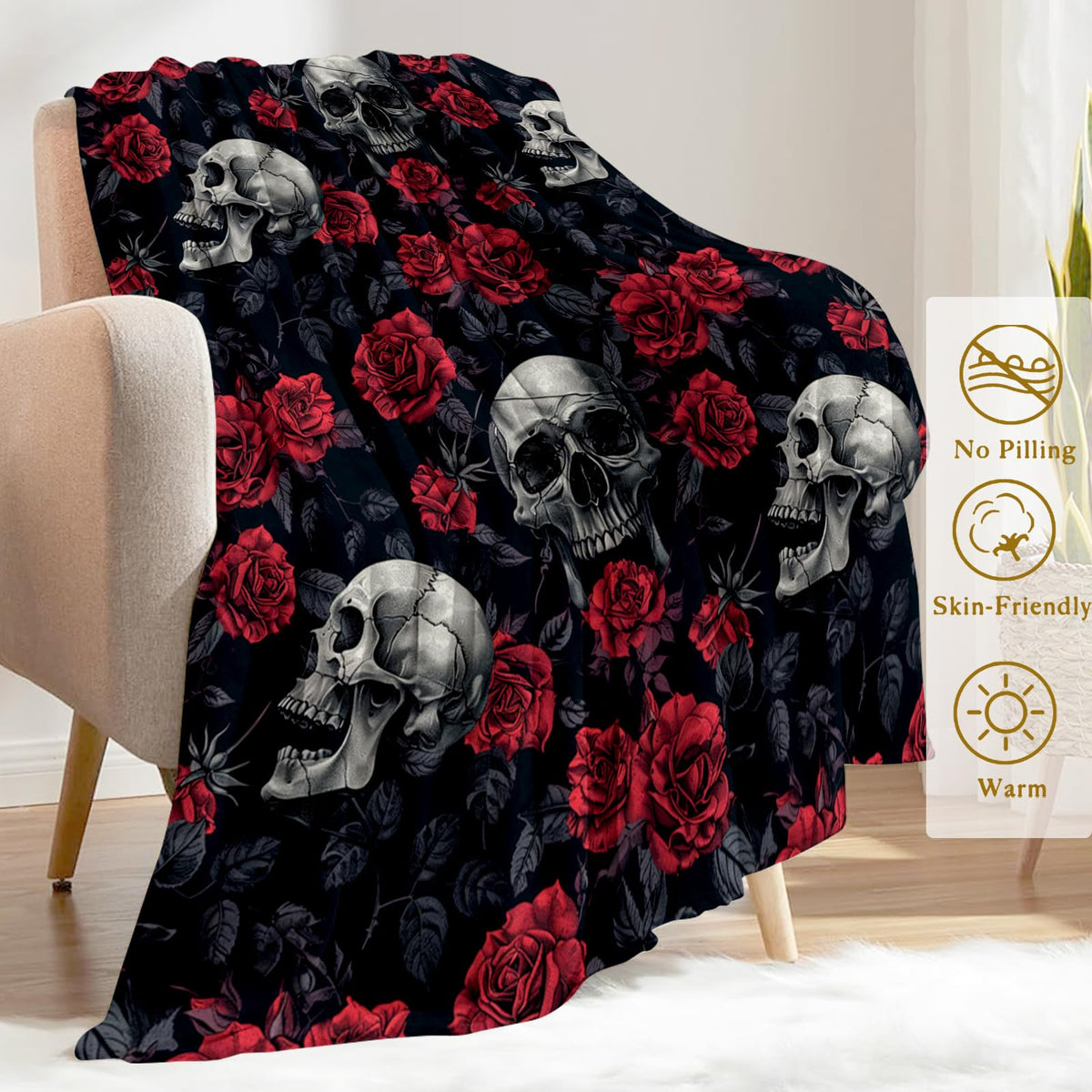 ainori Gothic Skull Rose Throw Blanket 50x60 in, Romantic Elegant Pattern Blankets for Couch Bedroom Halloween Indoor Decor, Lightweight Soft Cozy Bedding Birthday Gift for Kids Boys Adults