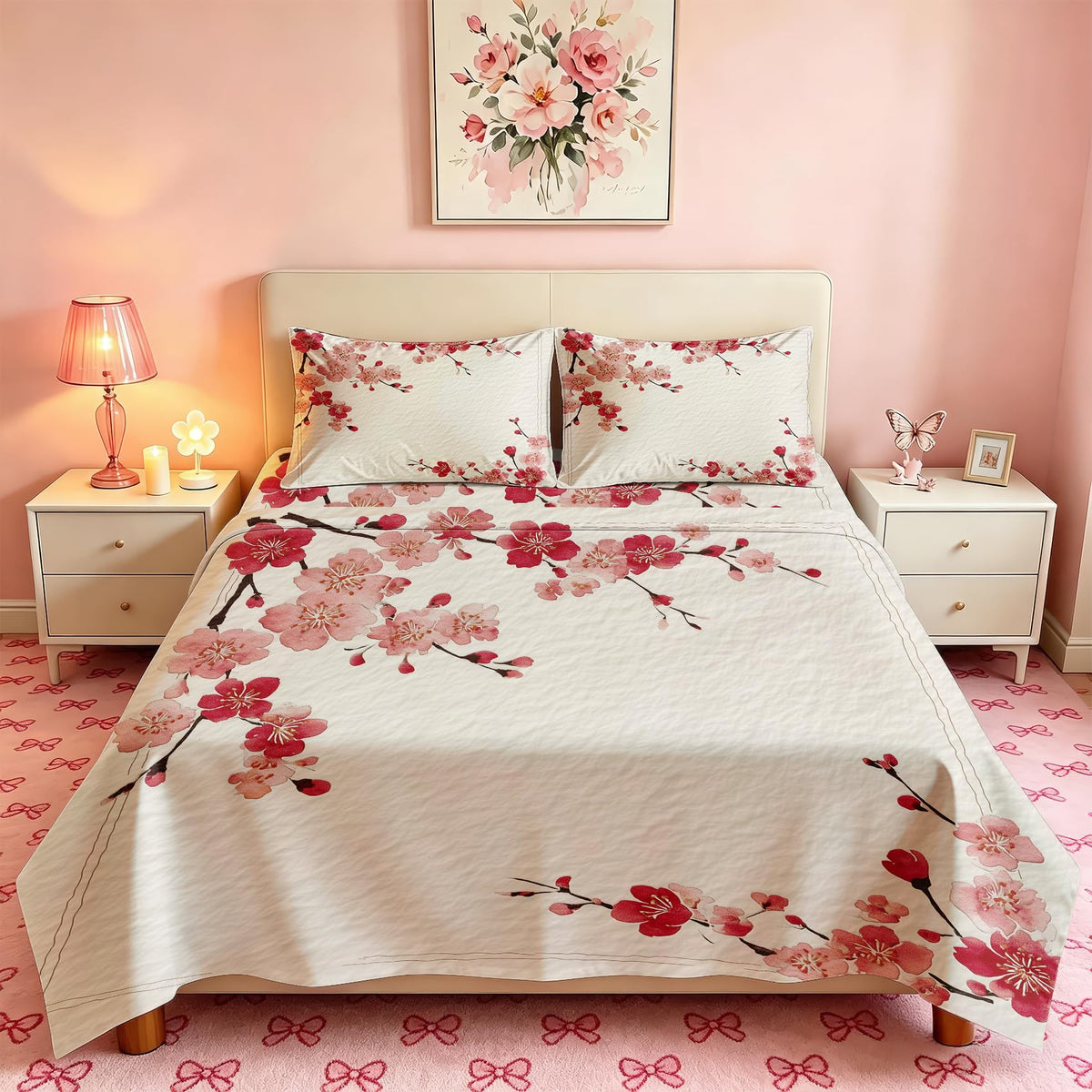 Cherry Blossom California King Sheet Set Red Flower Flat Fitted Sheet Sets