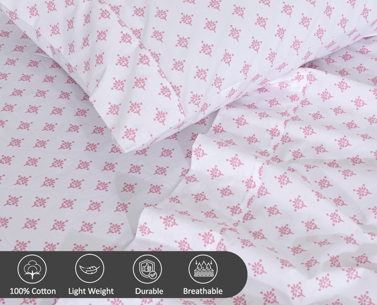 RUVANTI 100% Cotton Percale Sheets Queen Size, Block Print Motif