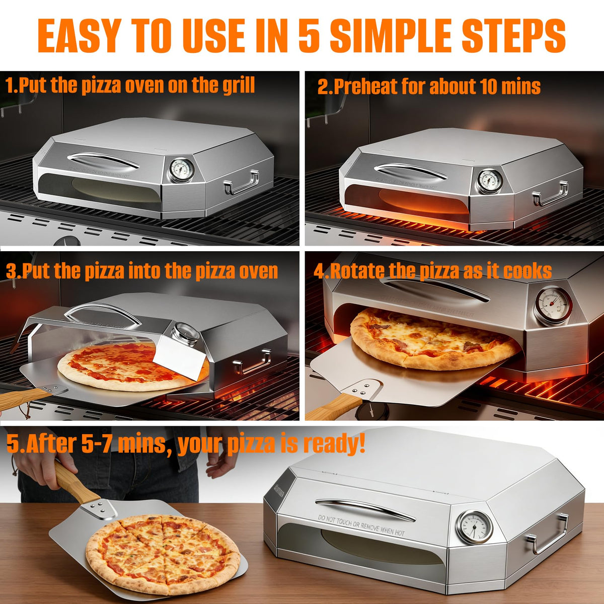 Onlyfire Stainless Steel Grill Top Pizza Oven Kit, Portable Pizza Maker for Gas Charcoal Pellet Grill, Flip-Open Lid, Includes Pizza Stone, Pizza Peel & Thermometer, Fits Weber Napoleon