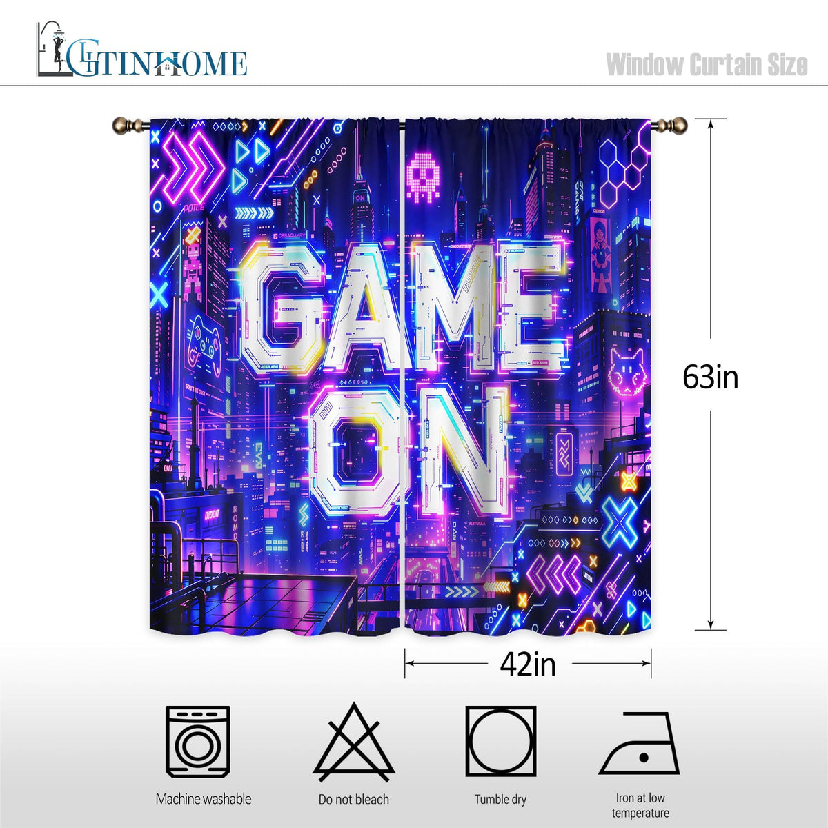 LIGHTINHOME Neon Game Curtains 42Wx63H Inch Boys Modern City Night Video Games Boys Cool Game On Urban Gaming Quotes Skulls Rod Pocket Bedroom Living Room Window Drapes Treatment Fabric 2 Panels