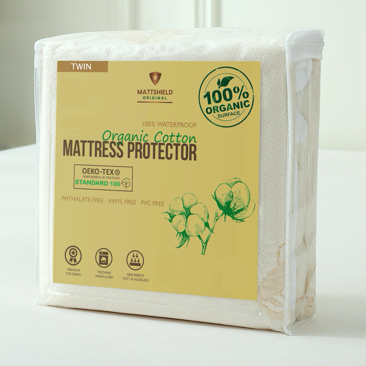 Waterproof Organic Mattress Protector Twin Size – Premium Soft Organic Cotton Surface Mattress Cover – Noiseless & Breathable 250 GSM Mattress Pad – Deep Pocket Fitted Design