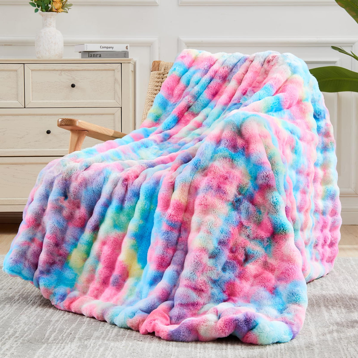 NEWCOSPLAY Faux Fur Throw Blanket Dark Rainbow Luxury Fluffy Thick Warm Bubble Blanket for Couch Sofa Bed 700GSM (Dark Rainbow, Throw(50"x60"))