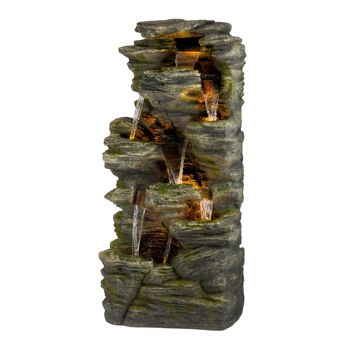Alpine Corporation WIN1092 Outdoor Multitiered Rock Waterfall Floor Fountain with Warm White LED Lights, 51" Tall, Brown