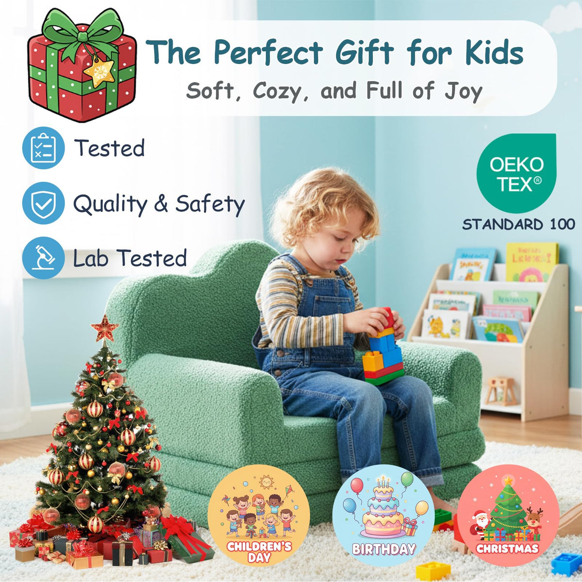 Tiita Kids Sofa, Foldable Nursery Toddler Couch, Childrens Couch with Carry Handle, Portable Toddler Foam Sofa Couch, Lightweight Kids Chair for Playroom, Dorm Room, Small Space, Green