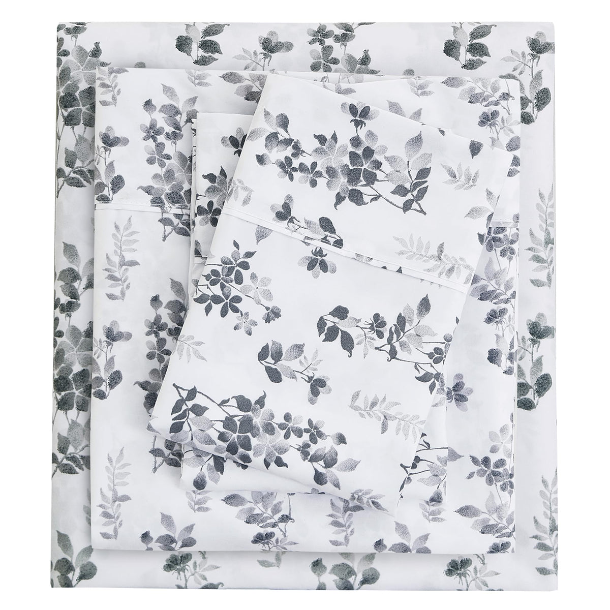 Mooreeke Cozy Vintage Microfiber Printed Full Sheet Set - Soft Breathable Percale Cotton Floral Bed Sheets with Deep Pocket - Non-Slip Fitted Design - Gradient Grey Small Flowers Pattern