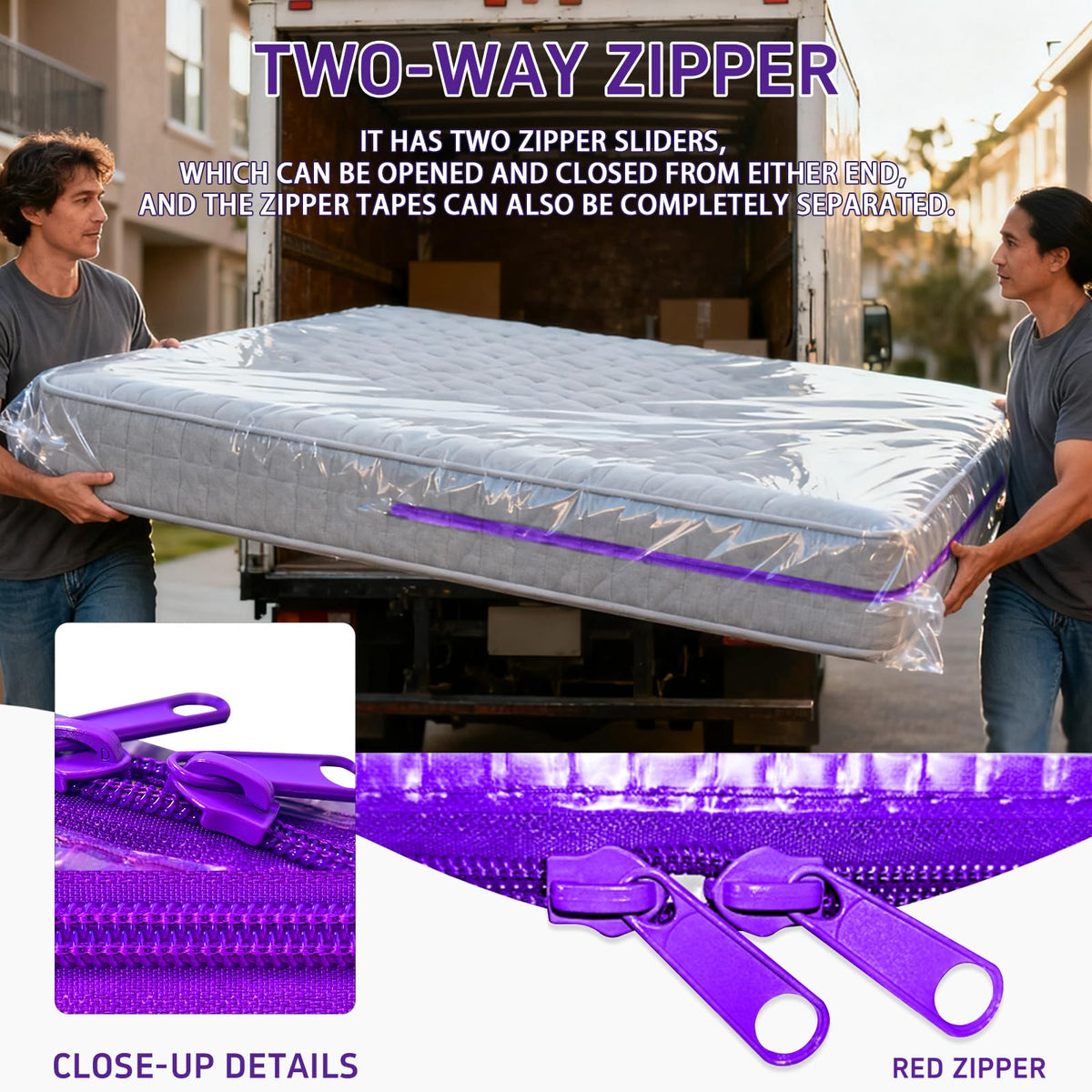 Gooo&Ma 6Mil Heavy Duty Mattress Bag for Moving & Storage - Waterproof Zippered Mattress Cover, Tear-Proof Dust-Proof Reusable Plastic Encasement, Fits Up to 14 Inch Mattress（Full、Purple）