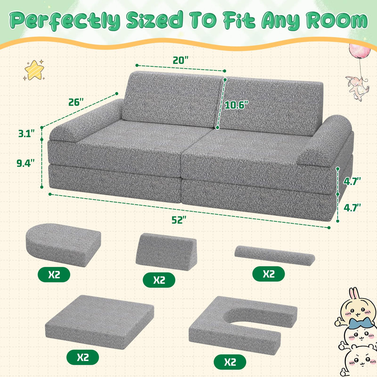 GoFujuco Modular Kids Play Couch with Washable Covers – Foam Toddler Sofa for Creative Play, Climbing, and Lounging – Convertible Kid Sofa Play Furniture for Kids Room or Nursery (Grey)