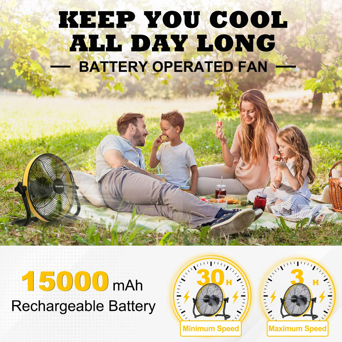 Smartele Large Battery Operated Outdoor Rechargeable Camping Fan Up to 30 Hours Battery Powered Floor Fan Cordless Outdoor Battery Fan, 2 Hours Fast Charging,16 inches