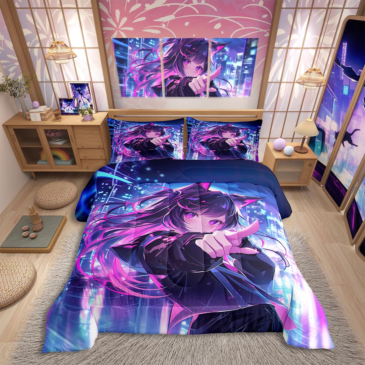 Erosebridal Kids Anime Girl Twin Size Comforter Set, Japanese Anime Bedding Set, Cartoon Girl Quilt for Boys Teens Bedroom Decor, Kawaii Japanese Animation Duvet Insert with 1 Pillow Case