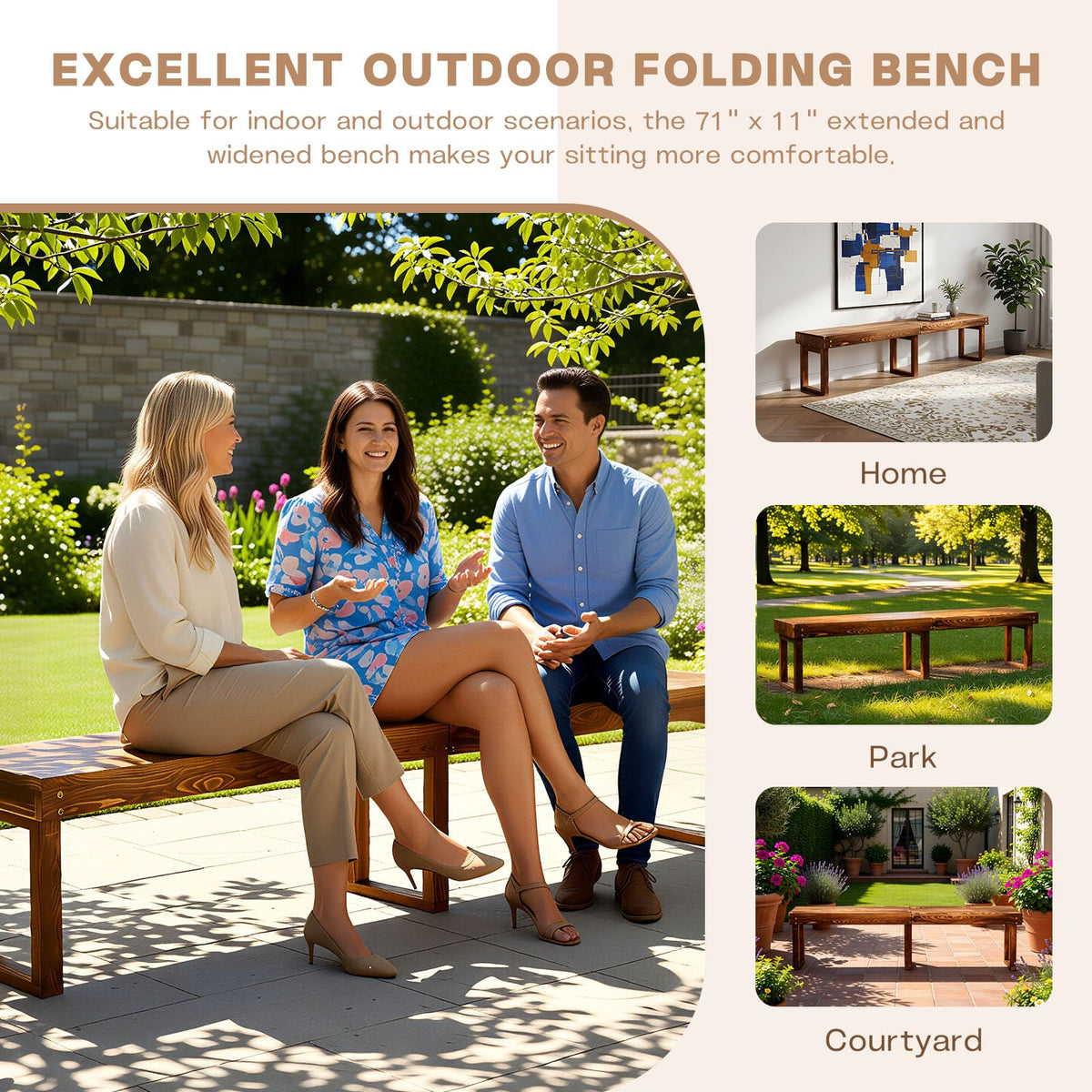 YEXINGlow 6Ft Outdoor Solid Wooden Bench, 71" Porch Bench Outdoor Backless Garden Bench, Long Outdoor Narrow Wood Bench for Deck Patio Entryway,Bears 900 pounds