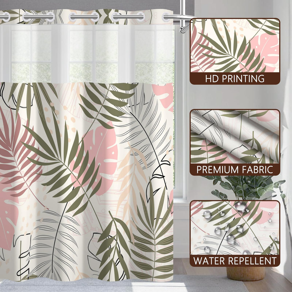 NAEMBCU No Hook Tropical Leaf Shower Curtain and Liner Set, 71 x 74 Inch