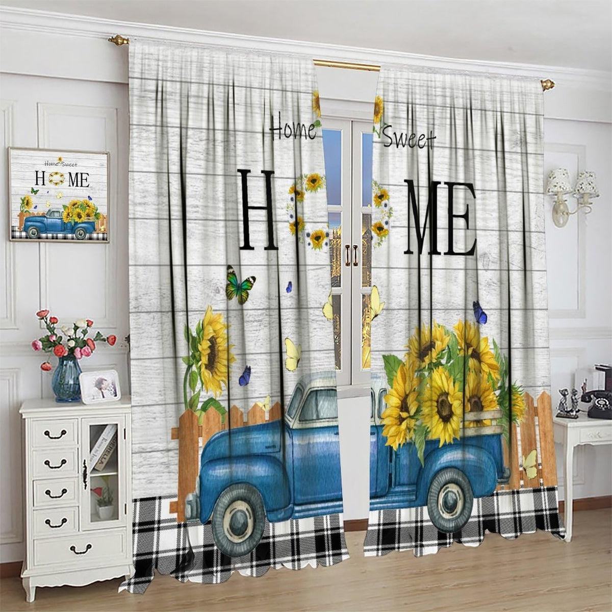 Nanacur Country Farmhouse Truck Curtains, Retro Rustic Truck Sunflower Butterfly Wooden Print Window Drapes, for Bedroom Living Room 42" W X 45" L (Decorative)