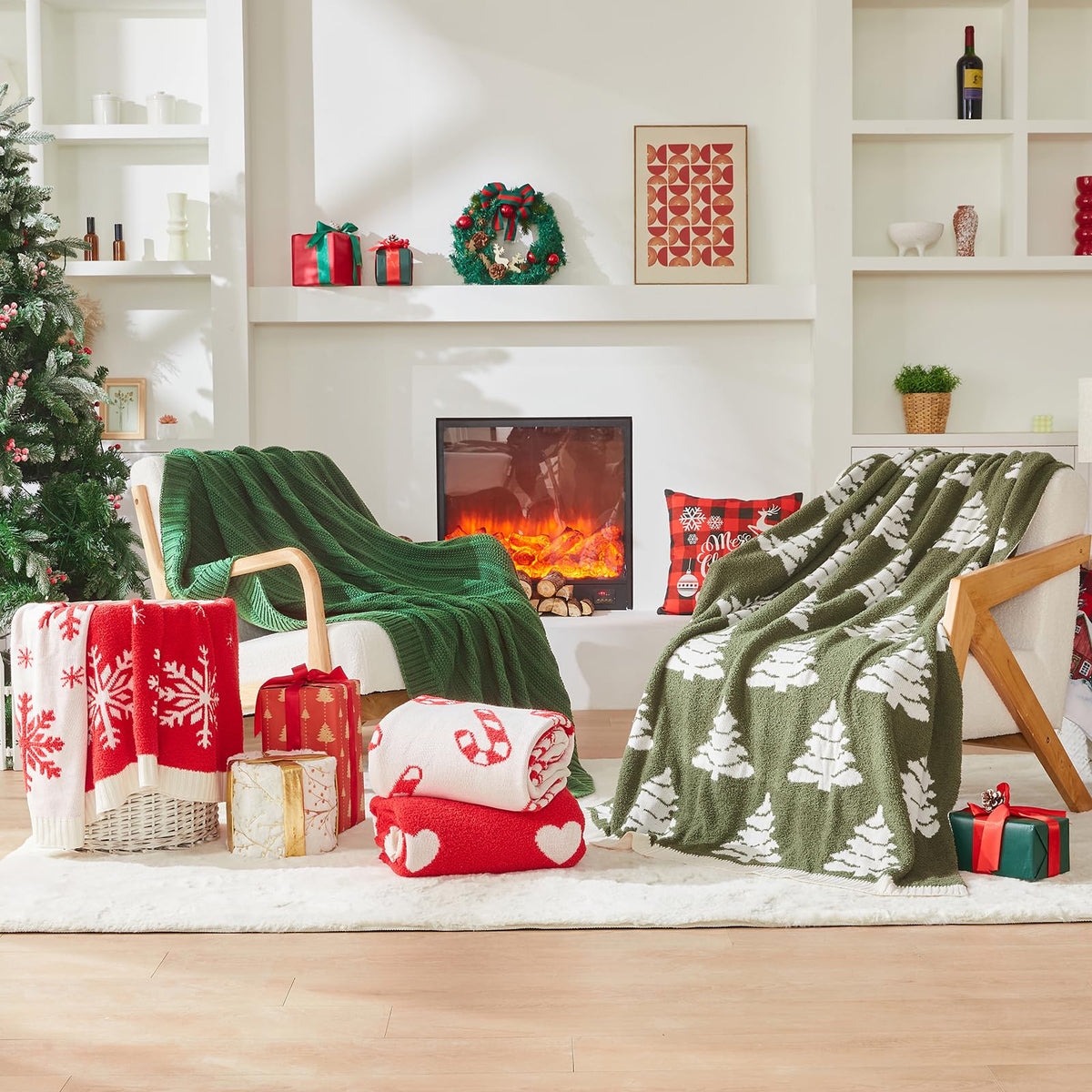 Douceur Christmas Snowflake Throw Blanket, Ultra Soft Red Fluffy Festival Blanket, Reversible Cozy Decorative Blanket for Bed Couch Sofa, Super Soft Indoor Living Room Plush Throws, 60"X80"
