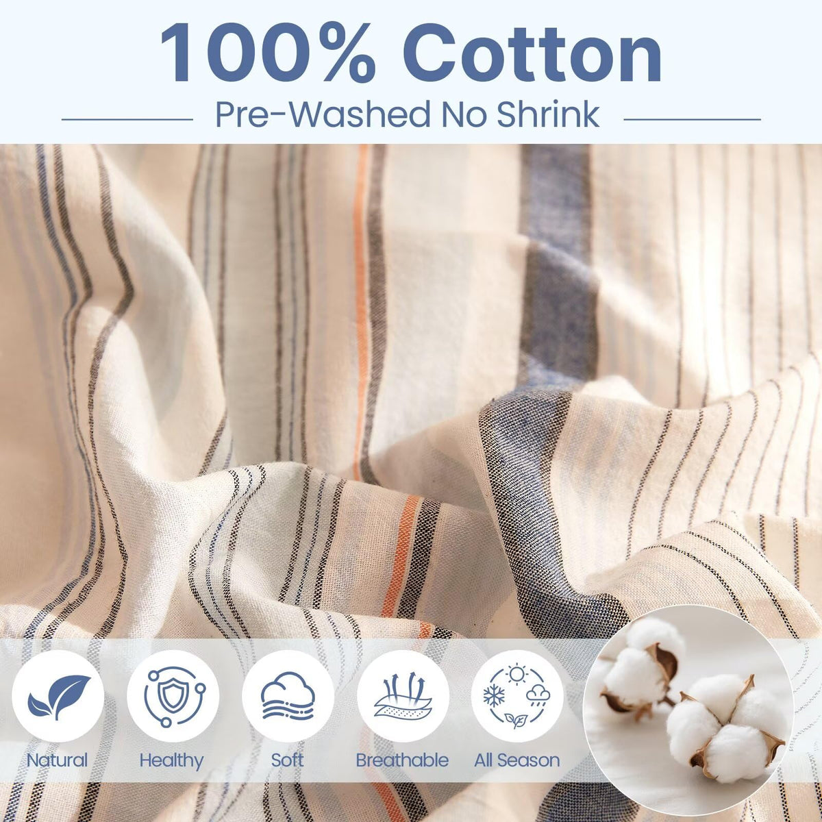 AMZTOP 100% Cotton Duvet Cover Set Queen Size Blue Striped Design,Soft Breathable Comfy Washed Cotton Bedding Set for All Season,Chic Simple Zipper Textured Durable Quilt Covers 90"×90"