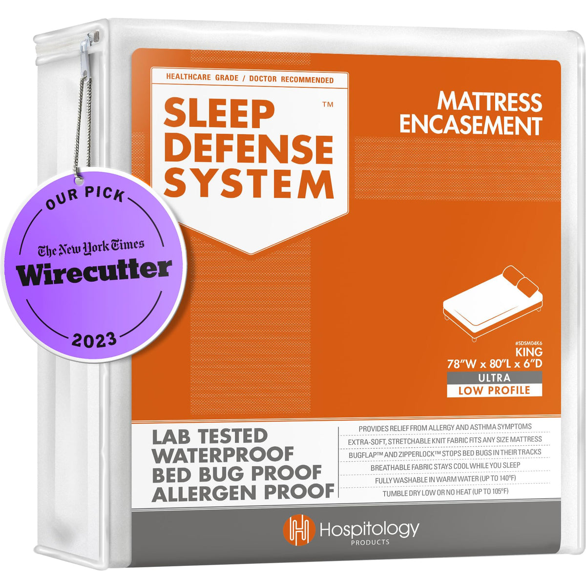 HOSPITOLOGY PRODUCTS Zippered Mattress Encasement - Sleep Defense System - King - Waterproof - Stretchable - Ultra Low Profile 6" Depth - 78" W x 80" L