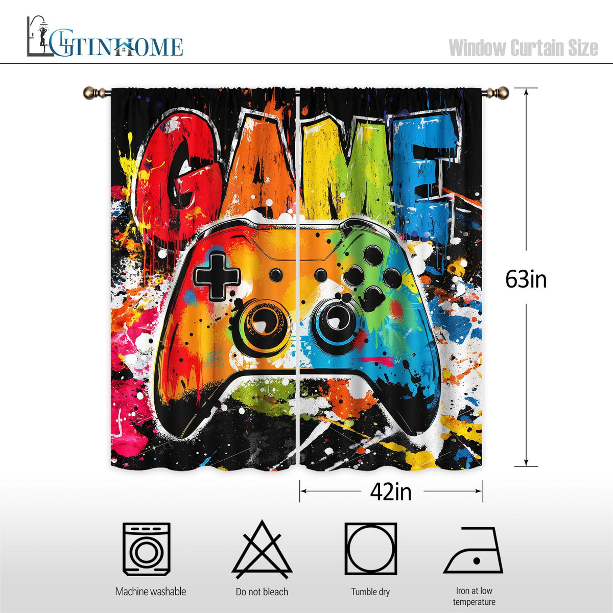 LIGHTINHOME Gaming Curtains 42Wx63H Inch Video Game Graffiti Kids Controller Gamepad Cool Gamer Rod Pocket Boys Bedroom Living Room Window Drapes Treatment Fabric 2 Panels