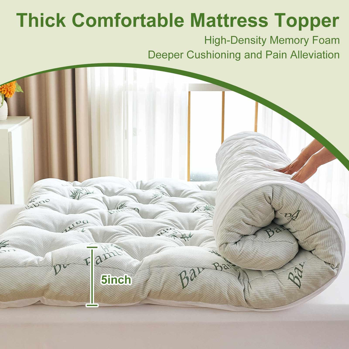 Whatsbedding Memory Foam Mattress Topper King Size, 5 Inches Slow Rebound Memory Foam Topper with Cooling Viscose Made from Bamboo Cover, Deep Pocket Designed Mattress Topper