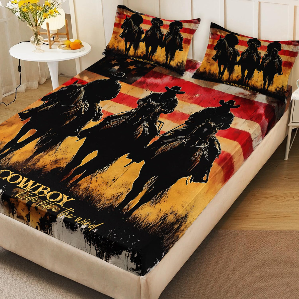 HOSIMA Cowboy Twin Fitted Sheet,Cowboys Riding Horses Print Western Bedding for Adults Teens Boys Room Decor,American Flag Background Pattern Country Bedding,1 Fitted Sheet+2 Pillowcases.