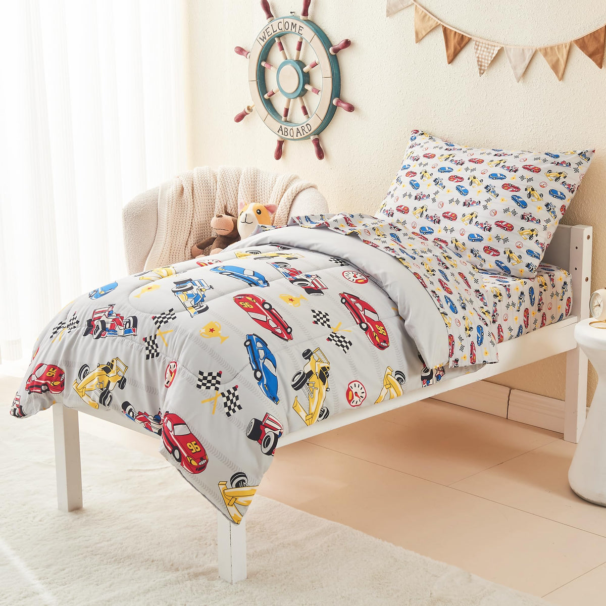 Mooreeke 4 Pieces Toddler Bedding Set - Soft Race Cars Toddler Comforter Sets for Girls, Includes Quilted Comforter, Flat Sheet, Fitted Sheet and Pillowcase, Bed in A Bag for Baby Bedroom