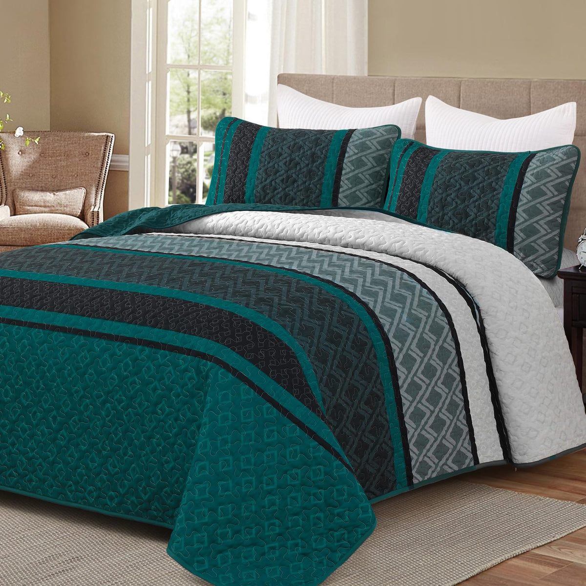 Dinjoy Boho Quilt Set King, Soft 3 Pieces Striped Bedspreads, Dark Green Bedding Sets Micofiber Lightweight Quilts with 2 Pillow Shams Coverlet Bed Sets for Women Men 110''x90''
