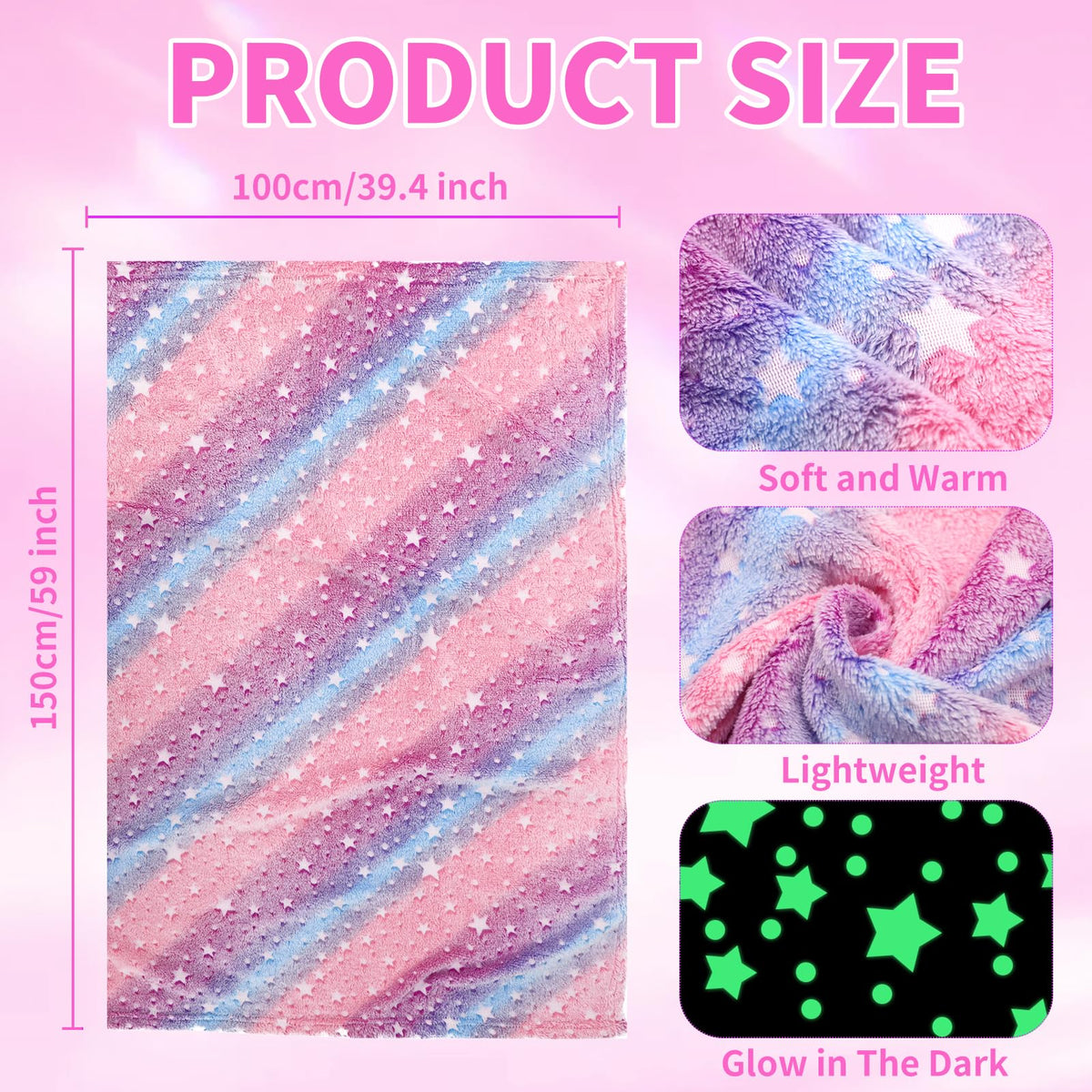 Wokuaile 6 Pcs Sleepover Party Supplies for Girl, Glow in The Dark Fleece Blankets Kids Warm Flannel Blanket for Teenager Bed Travel SPA Movie Party, Star, 40"x60"