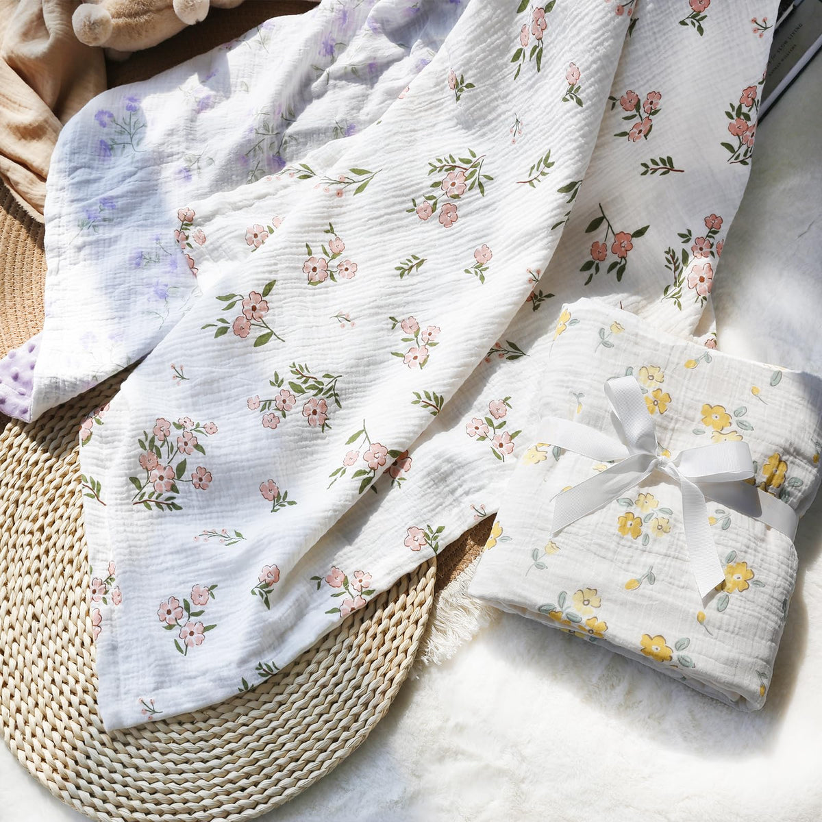BOPRIO Baby Blankets for Unisex Boys Girls Super Soft Nursery Minky Blankets with Breathable Muslin Cotton Front and 3D Touch Dotted Fleece Backing, Floral Printed Bed Throws Newborn 30 x 40 Inch