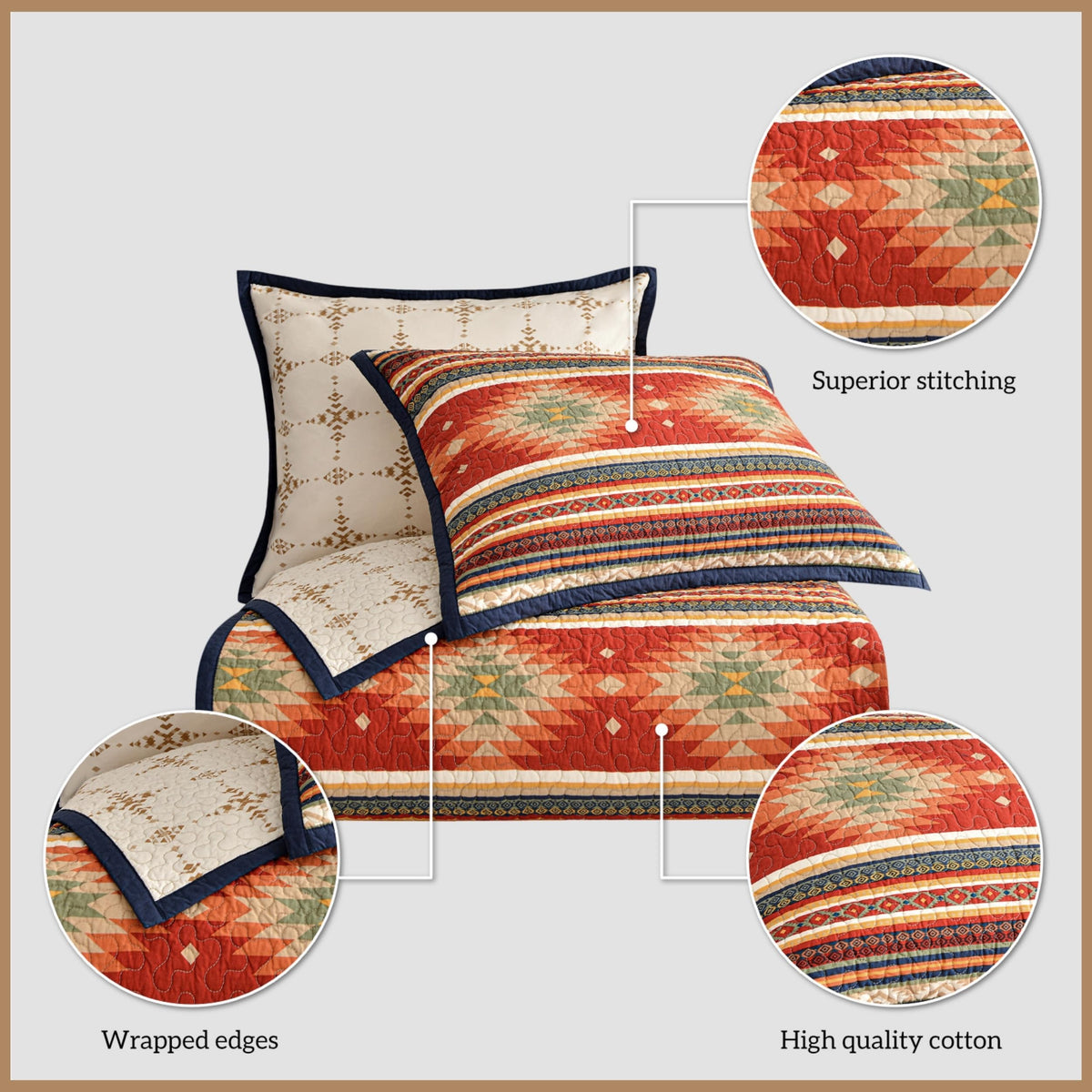 Paseo Road Del Sol King Quilt Set, 3 Piece Rustic Western Bedding Set with Pillow Sham, Lightweight Reversible Cotton Quilt with Southwestern Aztec Pattern, Soft Breathable Cozy Boho Bedding