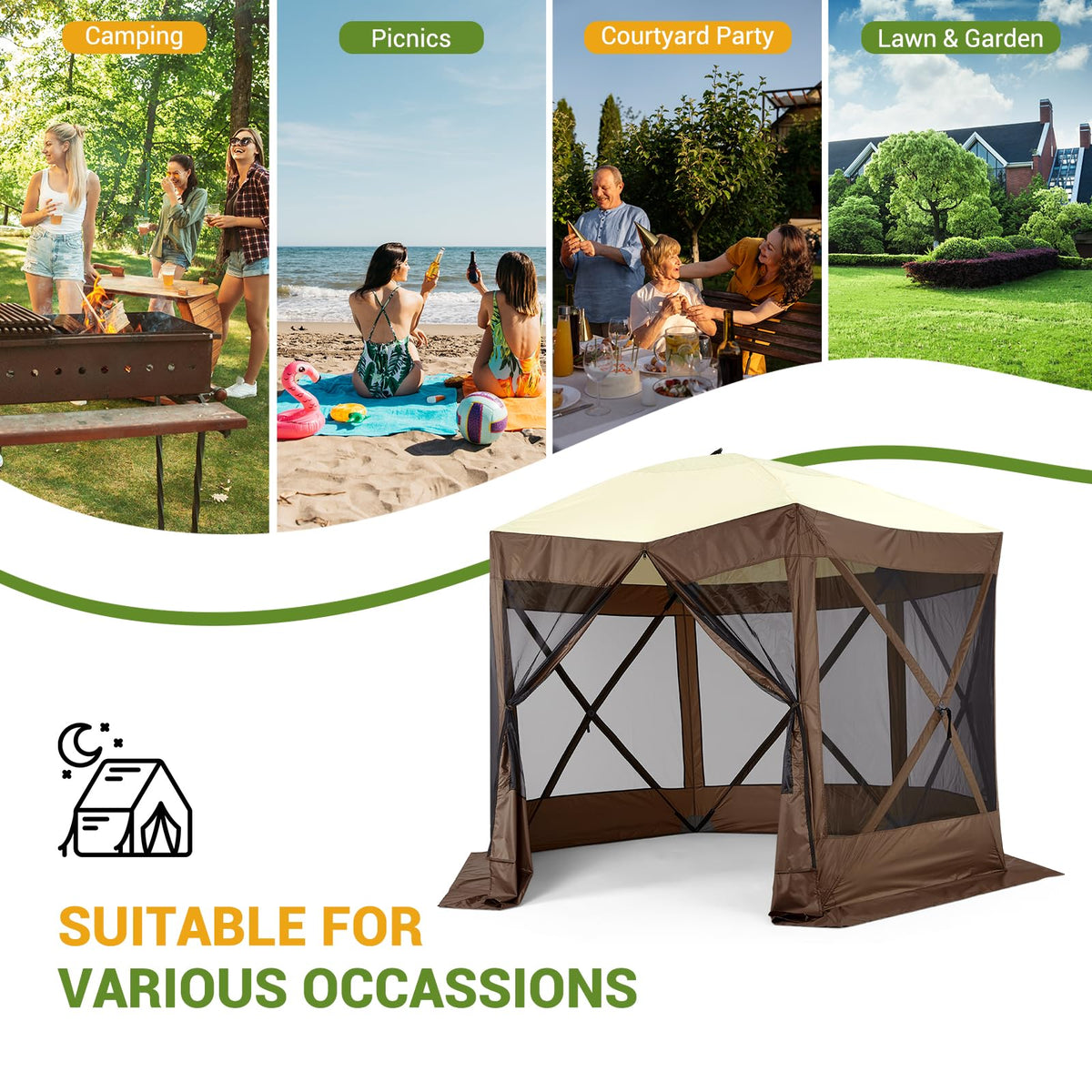 Pop Up Gazebo for Camping, 10x10ft Portable Outdoor Netting Canopy Shelter Tent, Folding Lightweight 6 Side Walls Screen House Tent with Storage Bag, Ground Stakes for Patio Backyard Party, Brown