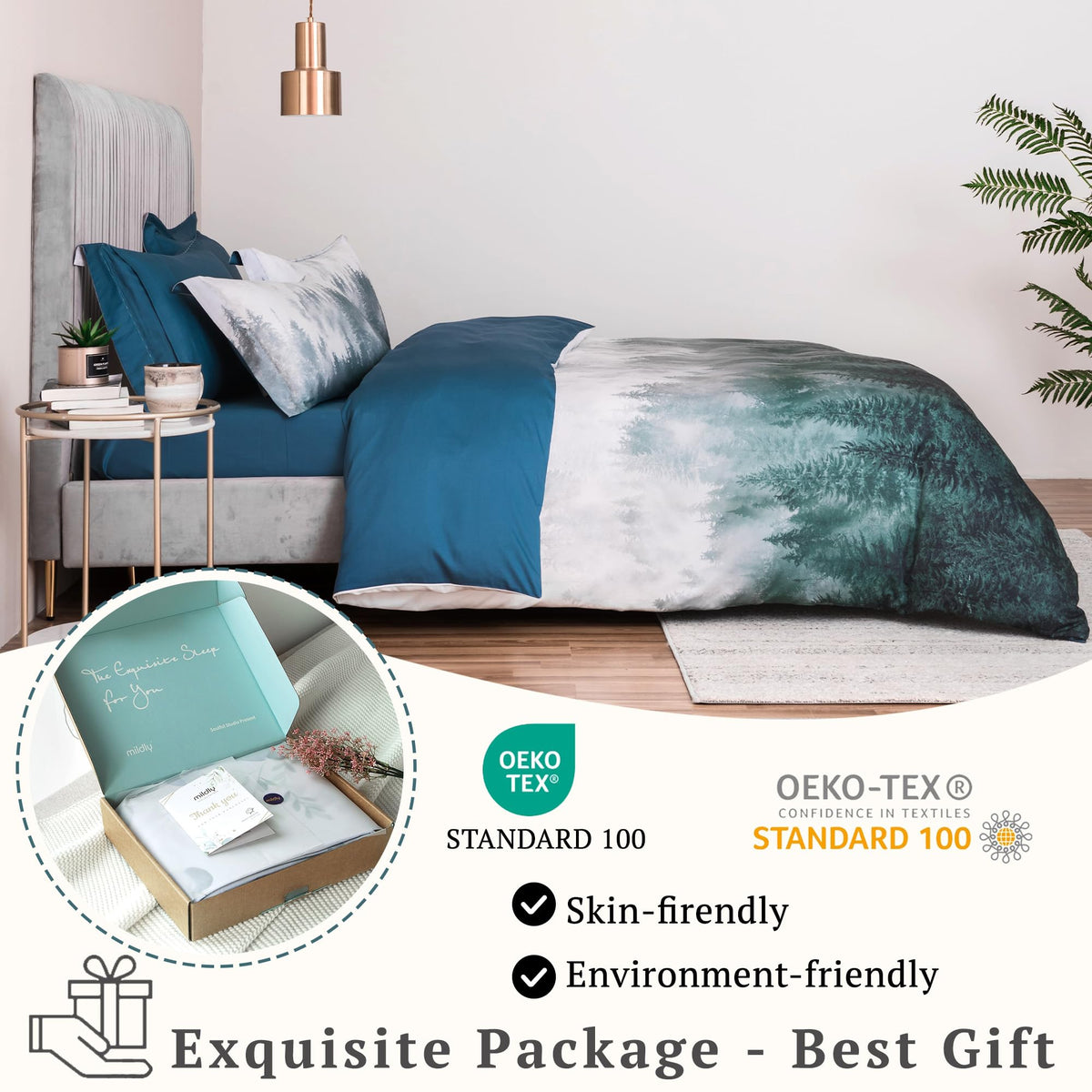 MILDLY 100% Long Staple Cotton Mountain Duvet Cover Set, Blue Green Gradient Trees Pattern Printed Comforter Cover Set