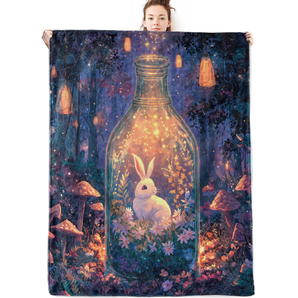 olpddz Magical Bunny Flannel Blanket Gifts for Animal Lover,60x50inch,Fantasy Forest Throw Blankets with Rabbit in Bottle and Mushroom,for Bedroom,Sofa,Living Room,Camping Home Decor Throws