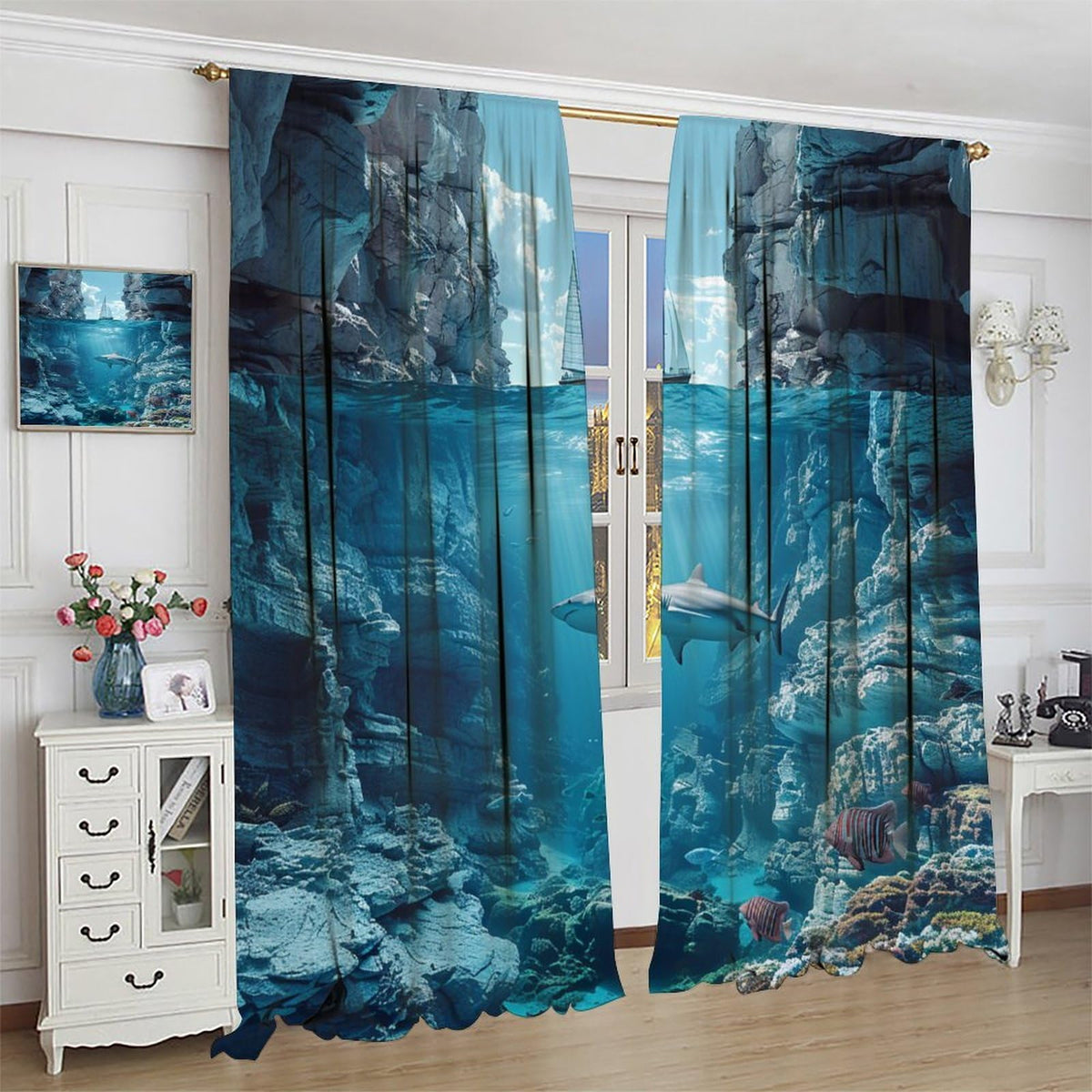 TOWINSFB Nautical Sailboat Shark Blackout Curtains for Living Room Bedroom, Ocean Rock Coral Fish Scenery Window Curtains Rod Pocket Thermal Insulated Window Drapes, 2 Panels, Each 21W x 63L