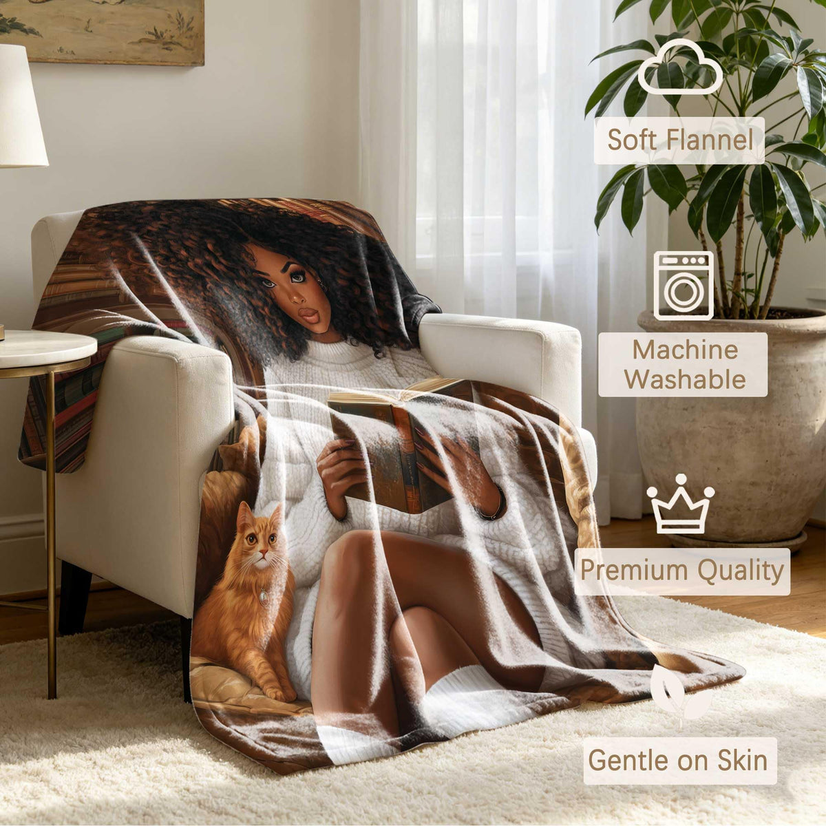 GXYAOYZG Black Woman Reading Blanket African American Throw Blanket Book Lover Throws Cozy Soft Flannel Black Girl Reader Blankets for Couch Sofa Bed Decor Librarian Gift (Reading - 2, 49" x 59")