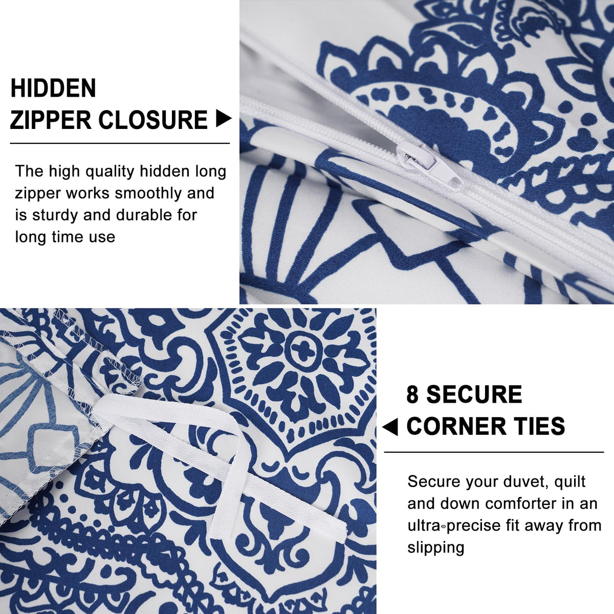 PHF Ultra Soft Paisley Duvet Cover Queen Size, Printed Bedding Set 3 Pieces, Comfy Farmhouse Pattern Duvet Cover Set with 2 Pillow Shams, Zipper Closure and 8 Ties, 90"x90", Royal Blue & White