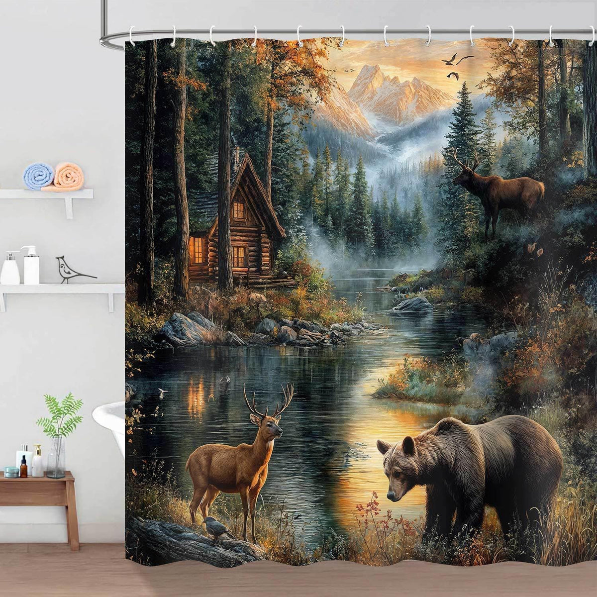 Dizifinn Rustic Shower Curain, Country Cabin Woodland Bear Moose Deer Bathroom Accessories, Farmhouse Hunting Camp Fabric Shower Curtains for Bathroom Decor, with Hooks 72x72 Inch