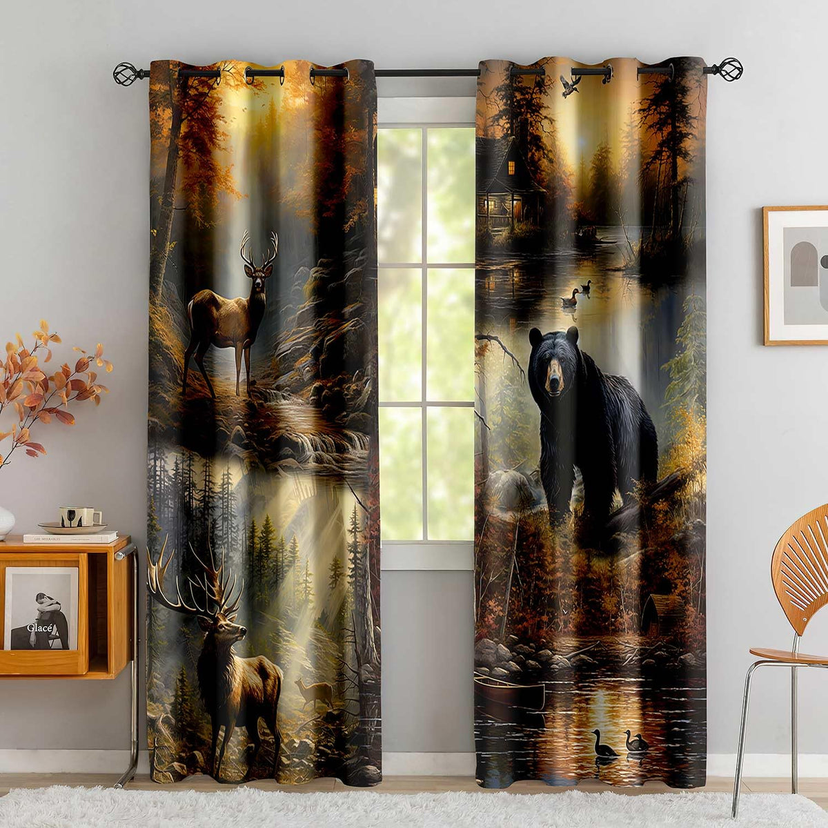 LUVIVIHOME Rustic Cabin Blackout Curtains, Deer Moose Black Bear Curtains for Bedroom, Forest Animal Wildlife Mallard Duck Country Farmhouse Hunting Room Decor Window Curtains 2 Panel Sets, 42x84 Inch