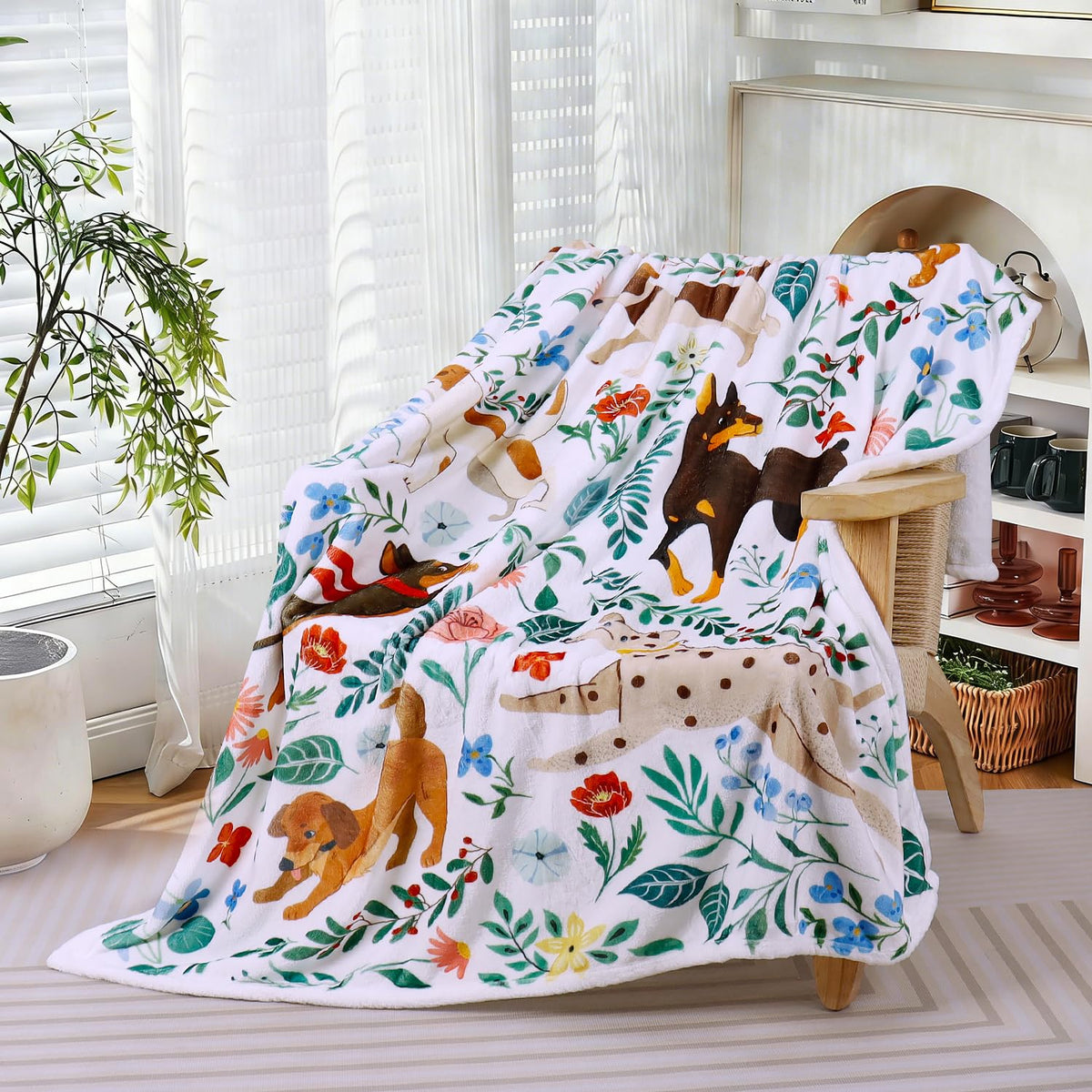 Dog Blanket Ultra Soft Floral Throw Blankets Gifts for Dog Lover Blanket Flower Leaves Flannel Fleece Throw Lightweight Warm Cozy Fuzzy Plus Cabin Blanket for Bed Sofa, 50" X 60"