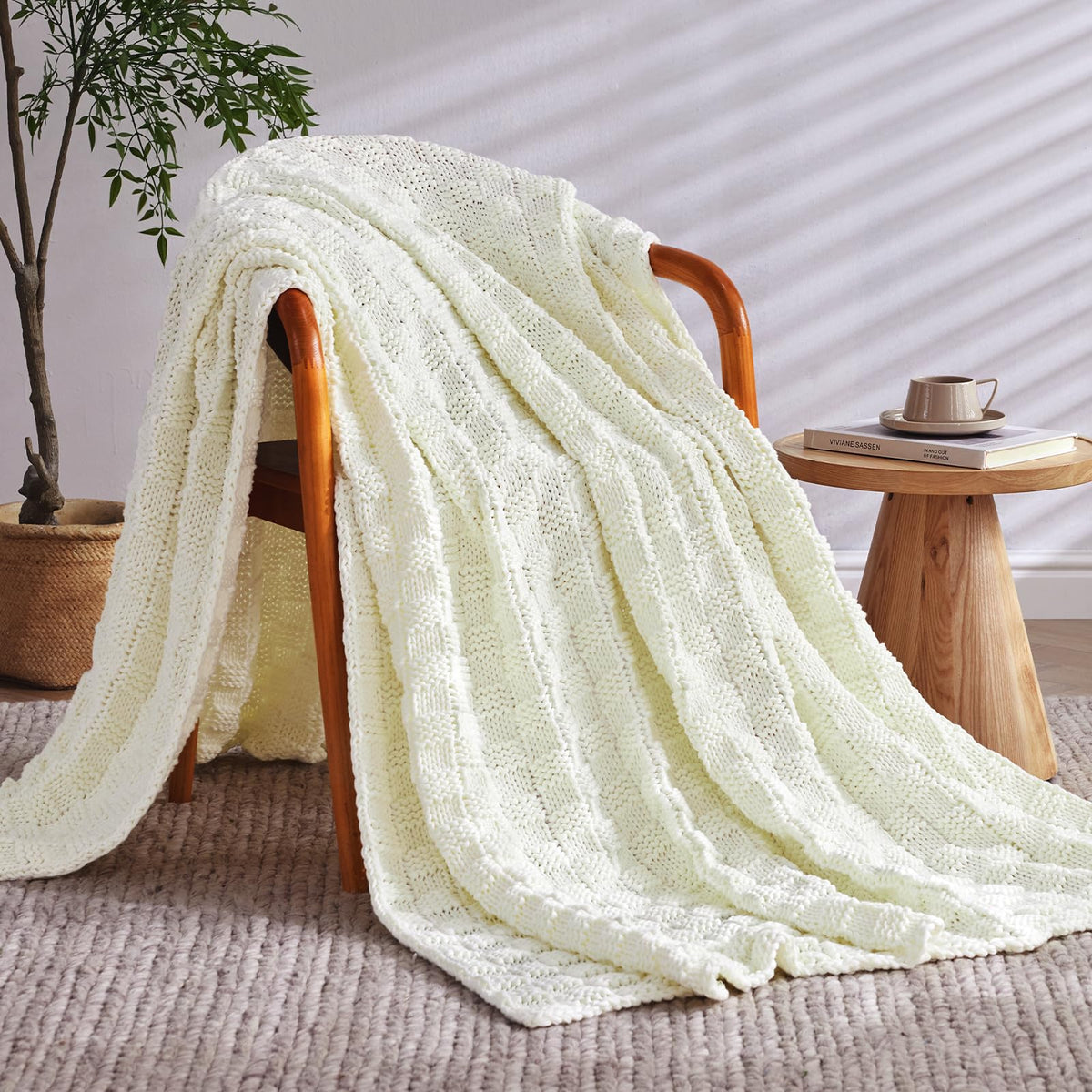 Wellfeel Knitted Weighted Blanket for Adult, No Beads Heavy Blanket 48” x 72'' 12lbs, Breathable Chunky Knit Blanket, Cooling Weighted Blanket for Hot Sleepers, Christmas Home Decor (Ivory White)